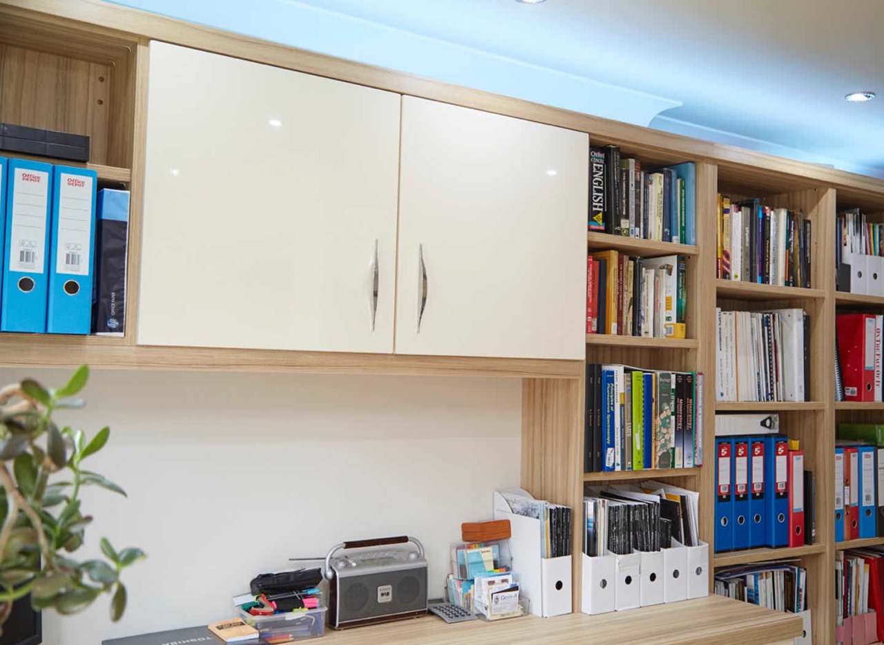 Case study showing cabinet and bookshelves in home office Case study showing cabinet and bookshelves in home office
