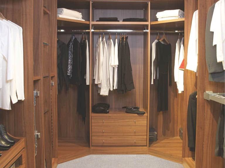 Romano walk in wardrobe in Dijon Walnut