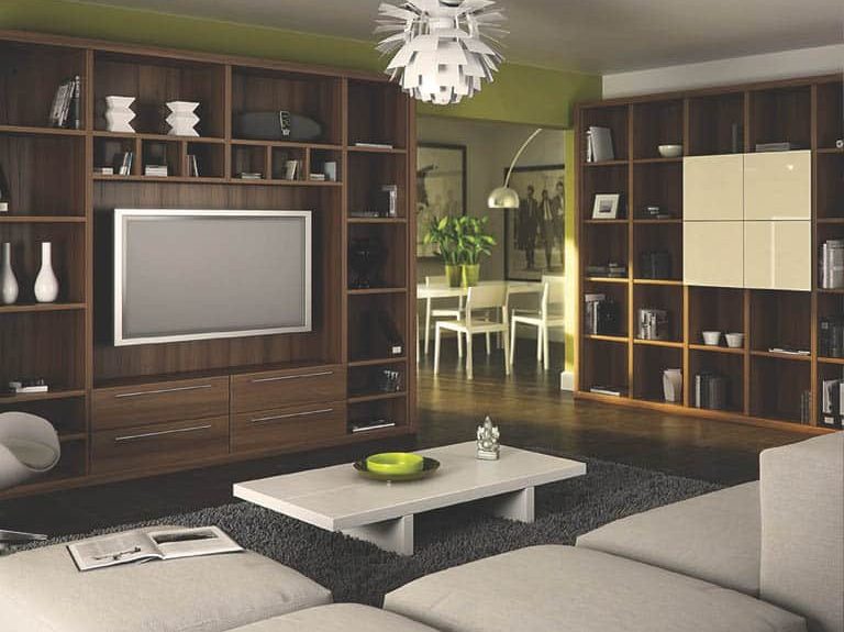 Dijon Walnut finish shelving units in lounge