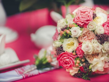 A bouquet of pink and white roses