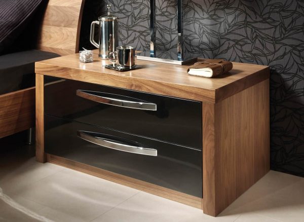 Co-ordinating bedside drawers in Walnut & Black High Gloss