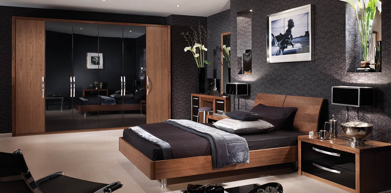 black gloss and walnut bedroom furniture