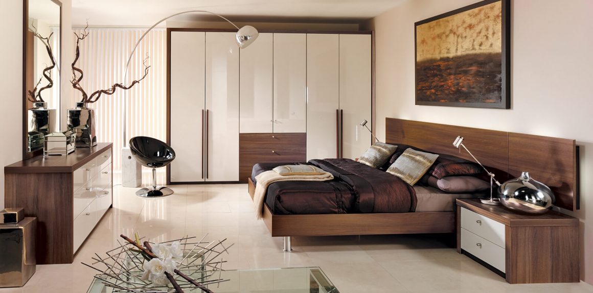 Capri fitted bedroom in High Gloss Cream and Dijon walnut