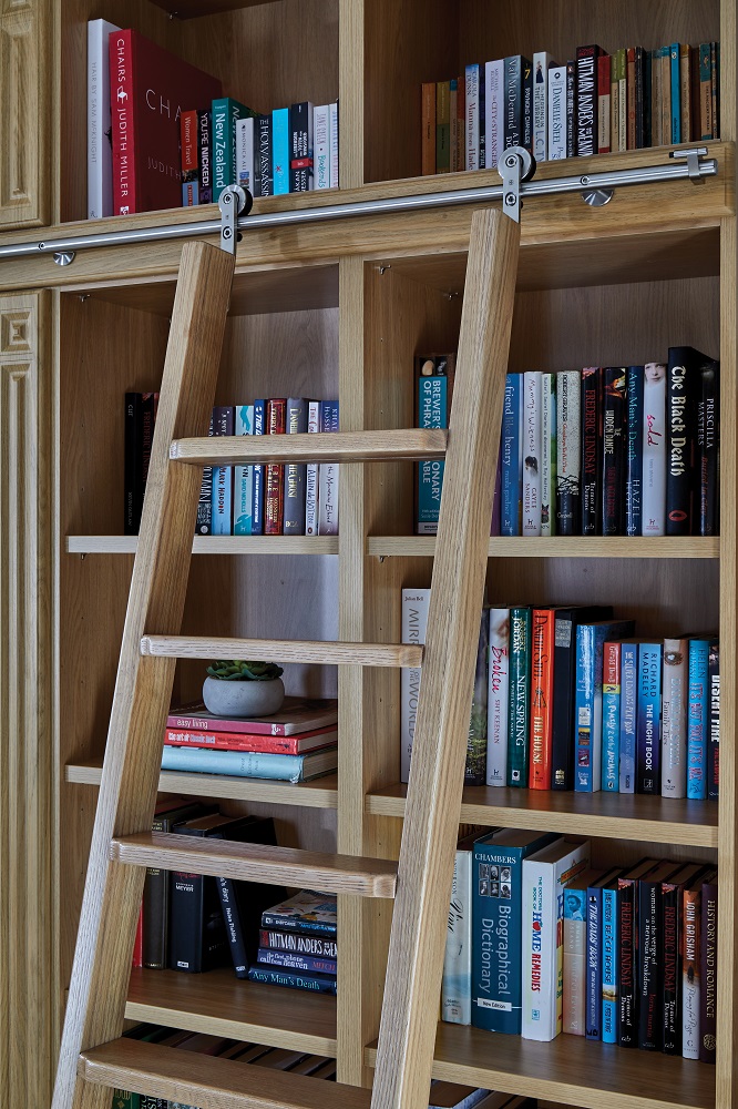 Oak rolling library ladder