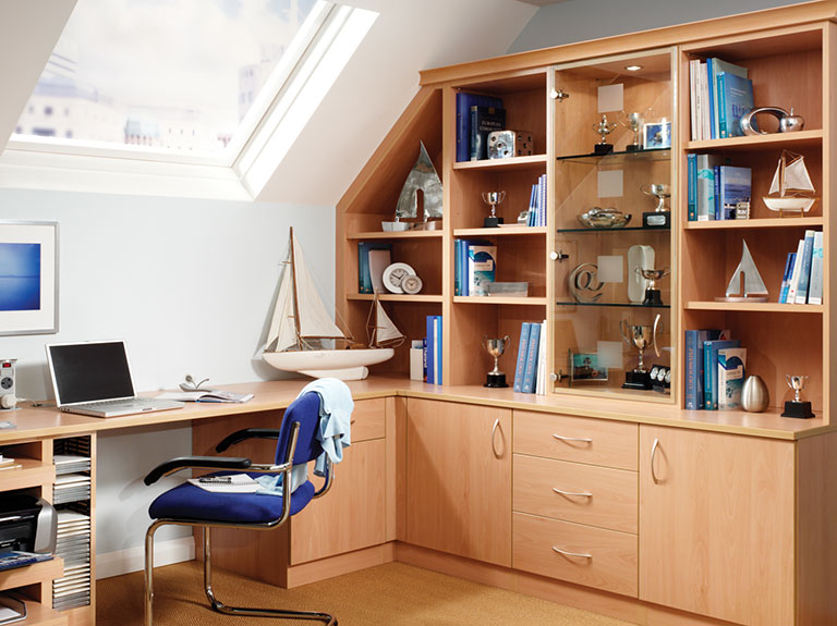 Prima home study in Beech with fitted shelving unit