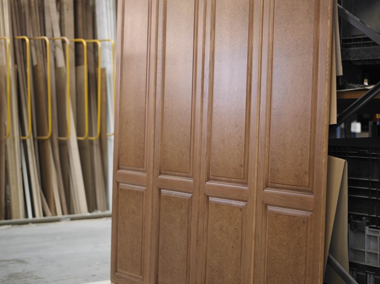 Bespoke Oak burr wardrobe in Strachan factory