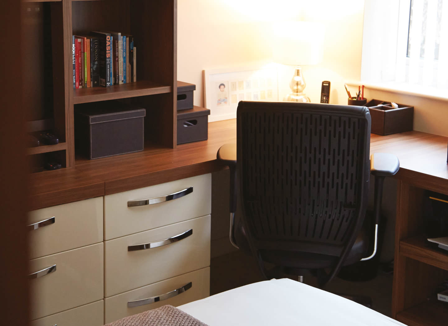 Case study showing curved fitted desk in study bedroom Case study showing curved fitted desk in study bedroom