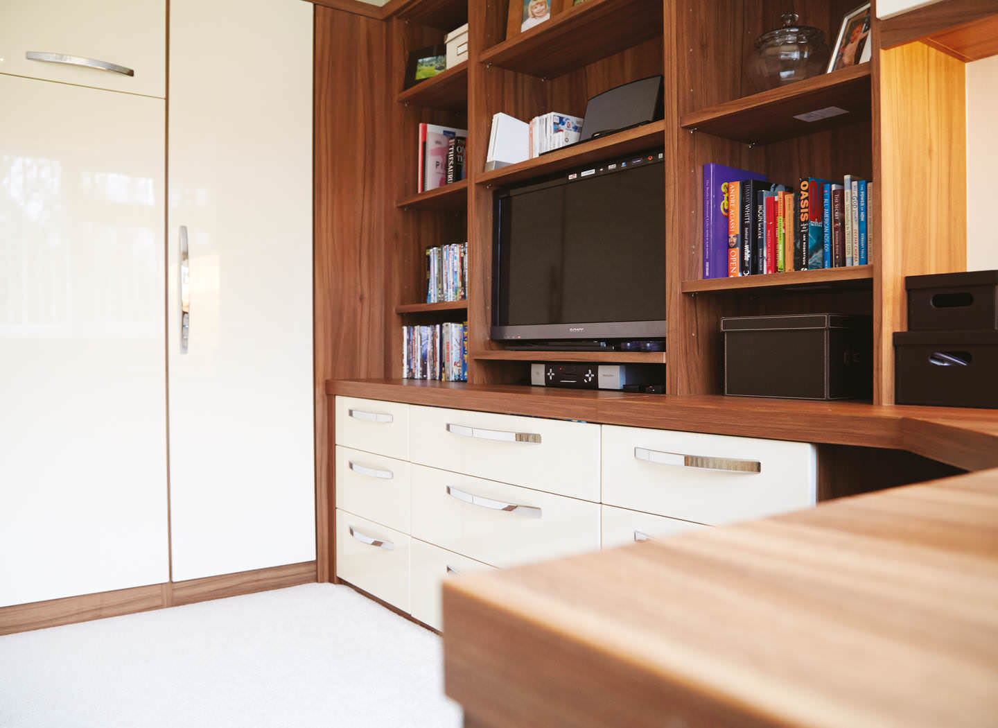 Case study showing fitted drawers and shelves in study bedroom Case study showing fitted drawers and shelves in study bedroom
