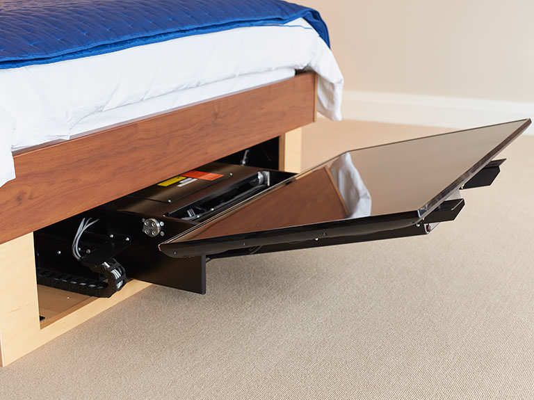 Automated TV stand in bespoke bed frame