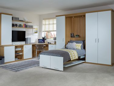 Fitted Toscana Oak & Dove White study bedroom with hidden bed