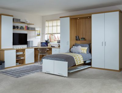 Fitted Toscana Oak & Dove White study bedroom with hidden bed Fitted Toscana Oak & Dove White study bedroom with hidden bed