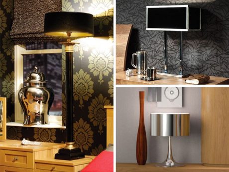 Standard lamps in dramatic shapes with high shine finishes in metal and glass