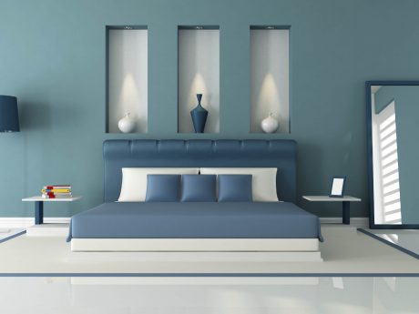 Glossy blue and white bedroom