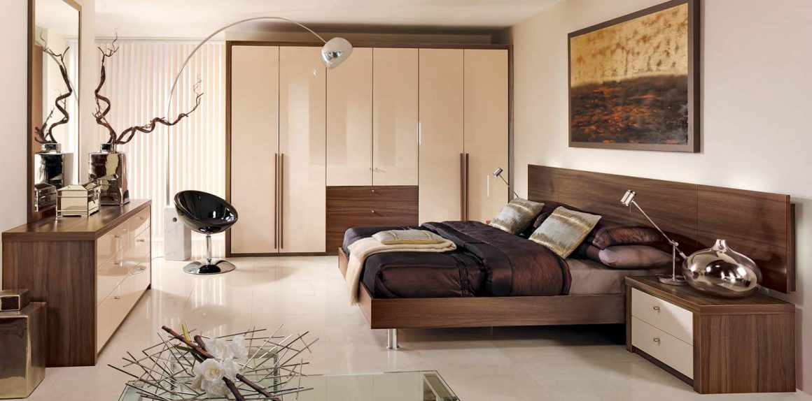 Capri fitted bedroom in High Gloss Cream and Dijon walnut