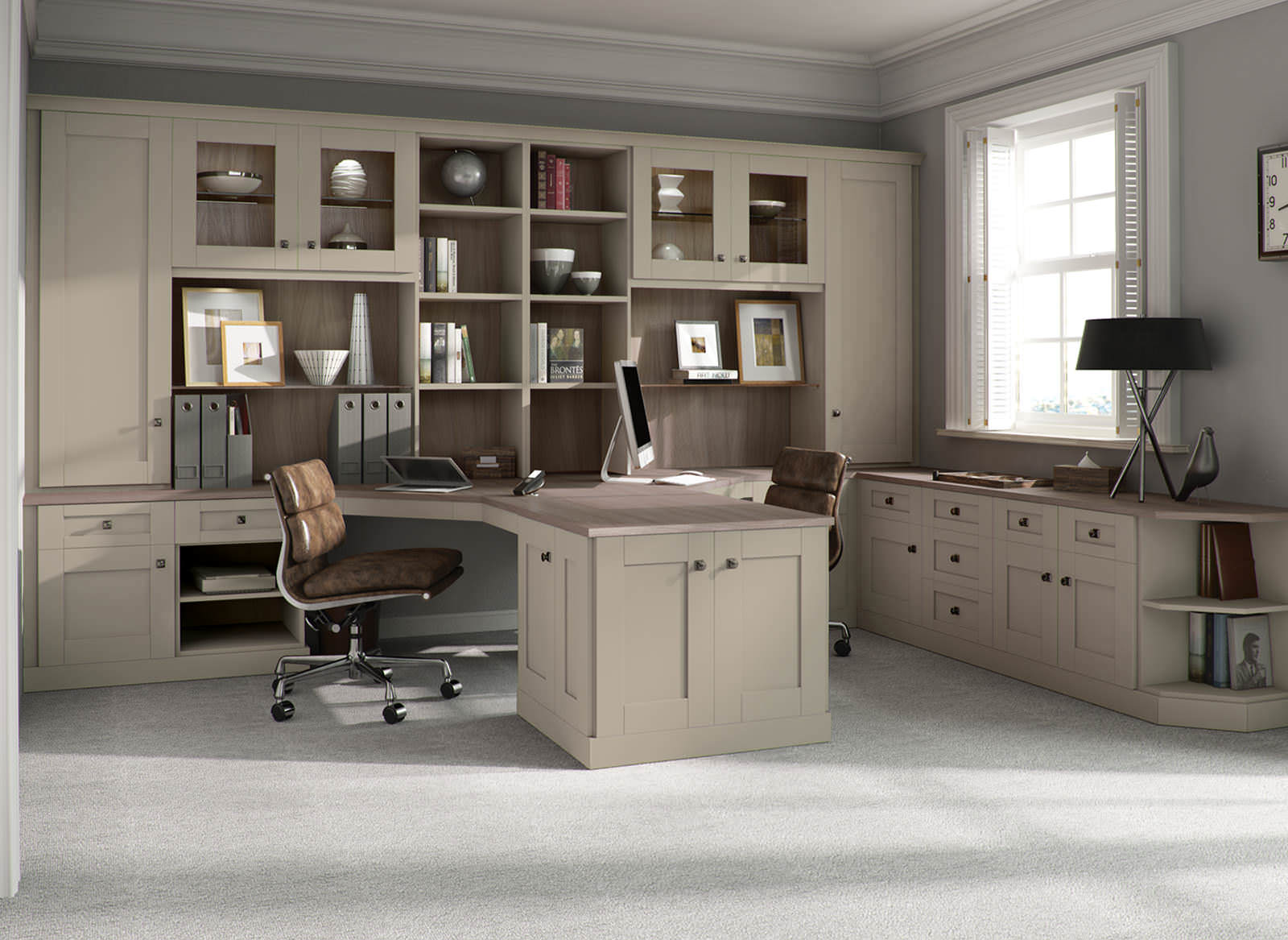 A dual-sided fitted home office desk with shelving units