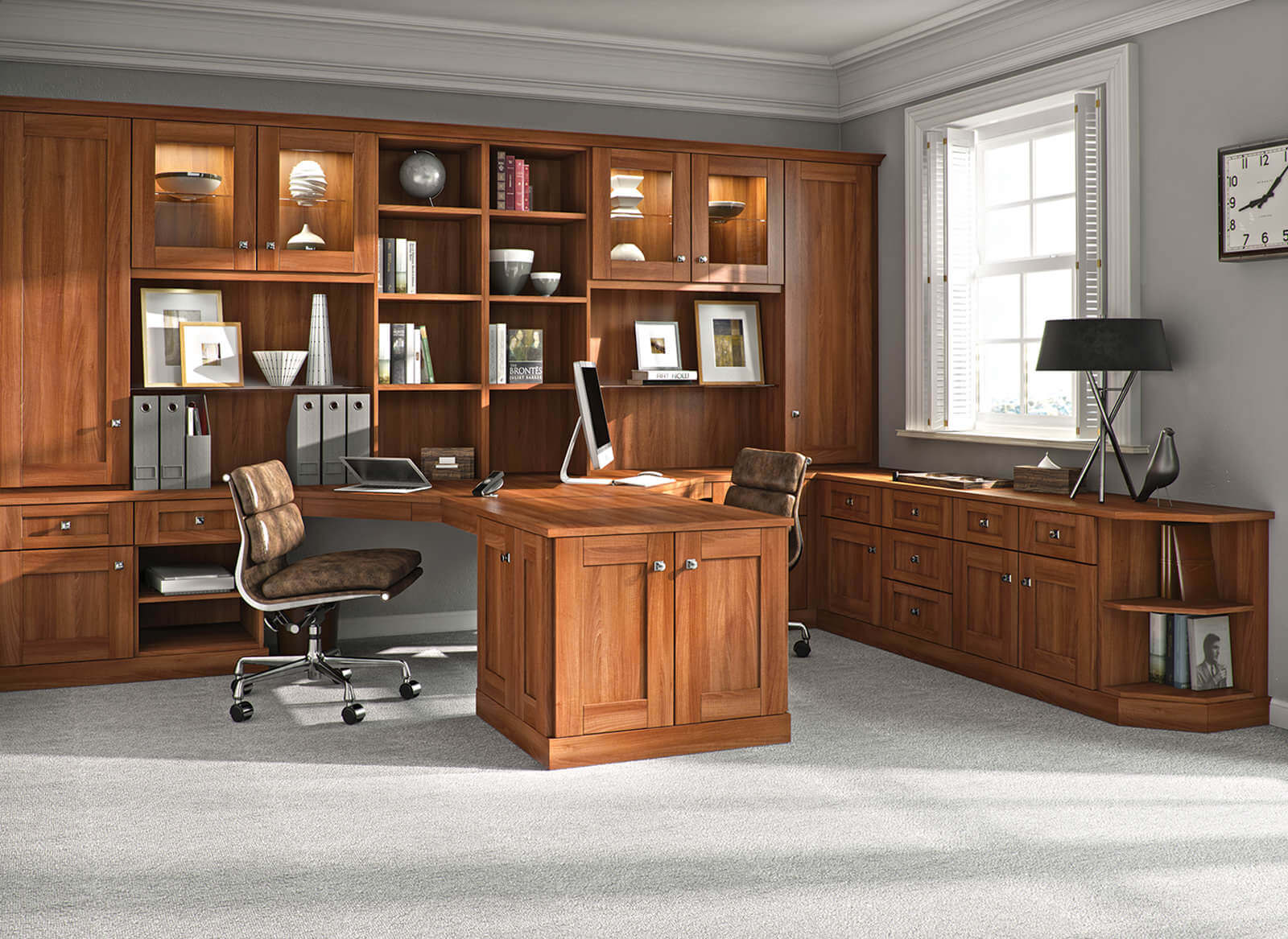 A shaker style angular desk in a walnut coloured home office
