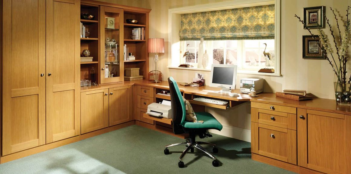 Bespoke Oak Fitted Home Office with Glass Display Shelving | Strachan