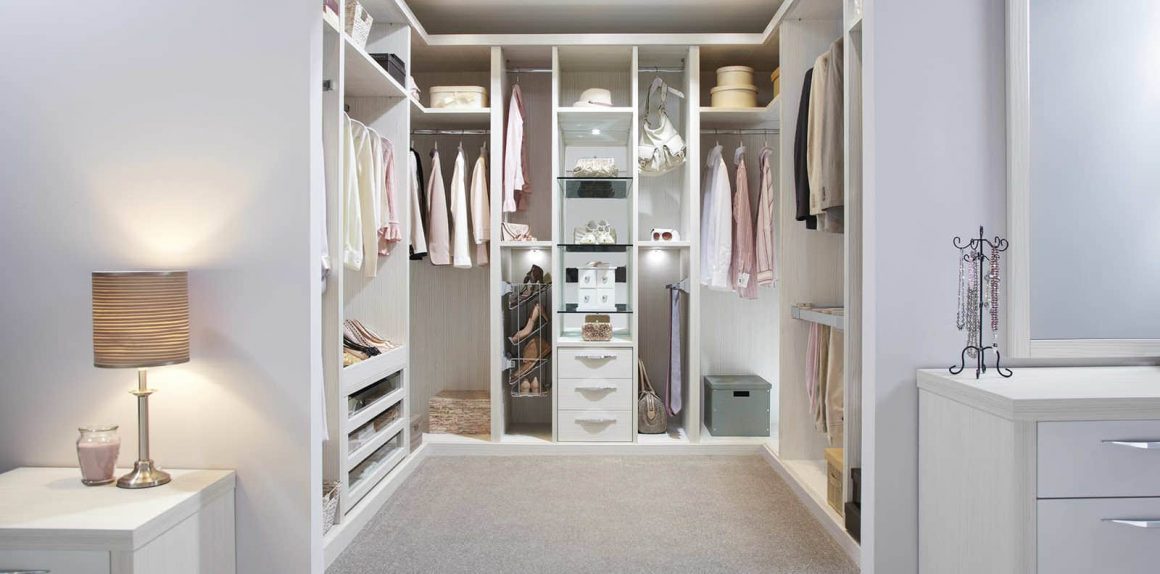 Pearl White Fitted Walk In Wardrobe with Slide Out Shoe Rack