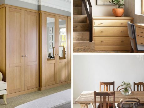 Light coloured, wooden fitted cupboards and chest of drawers