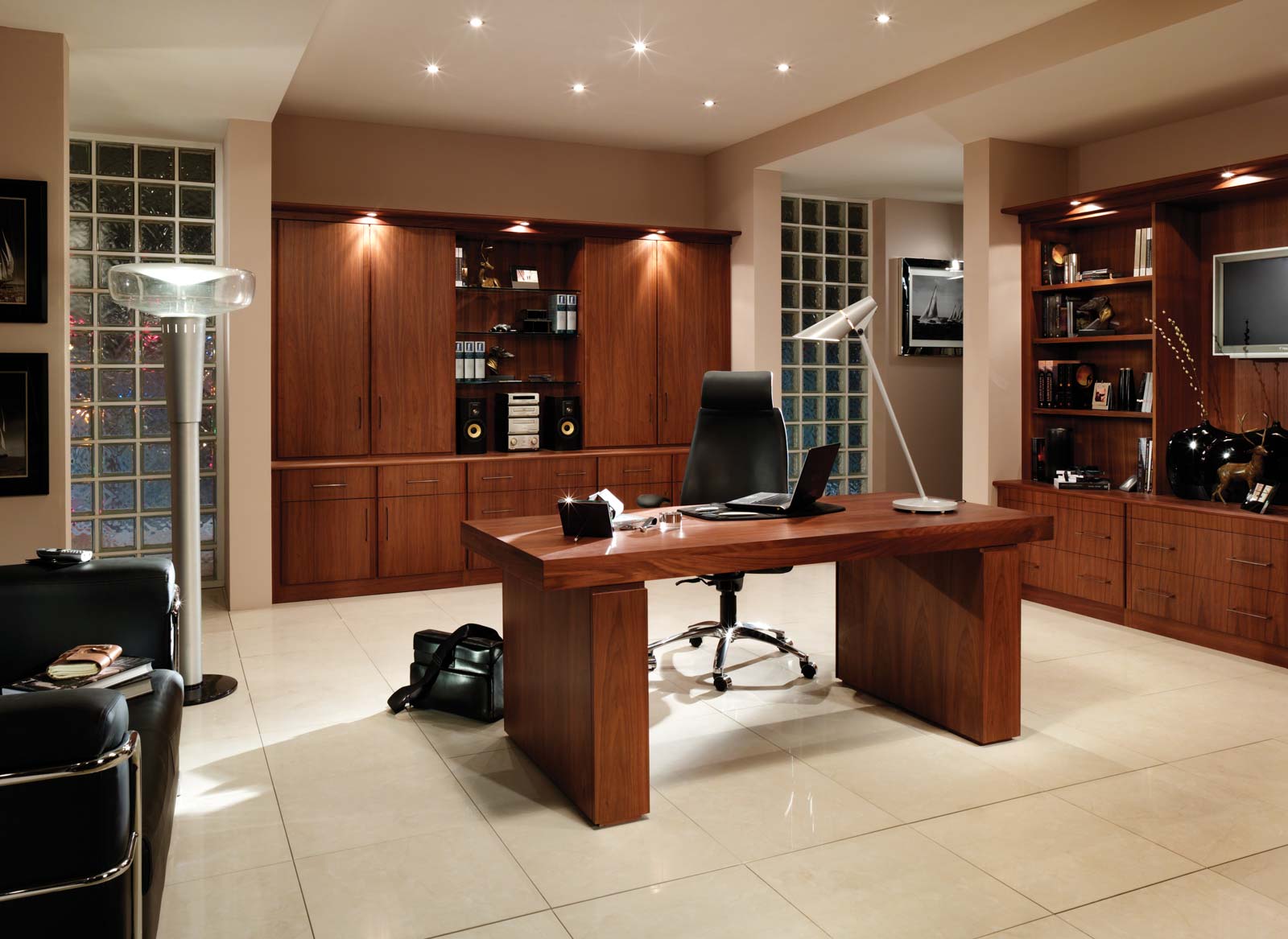 A freestanding desk in a contemporary home office