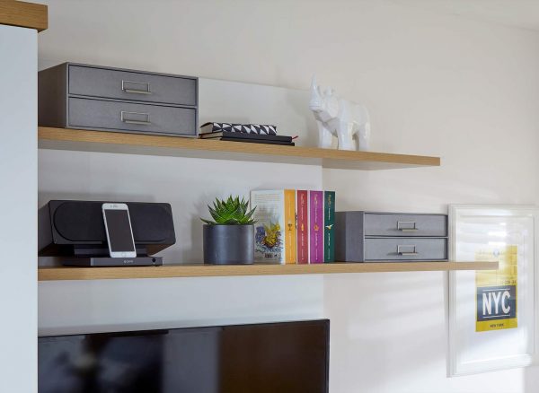 Contemporary floating shelves in an English Oak finish