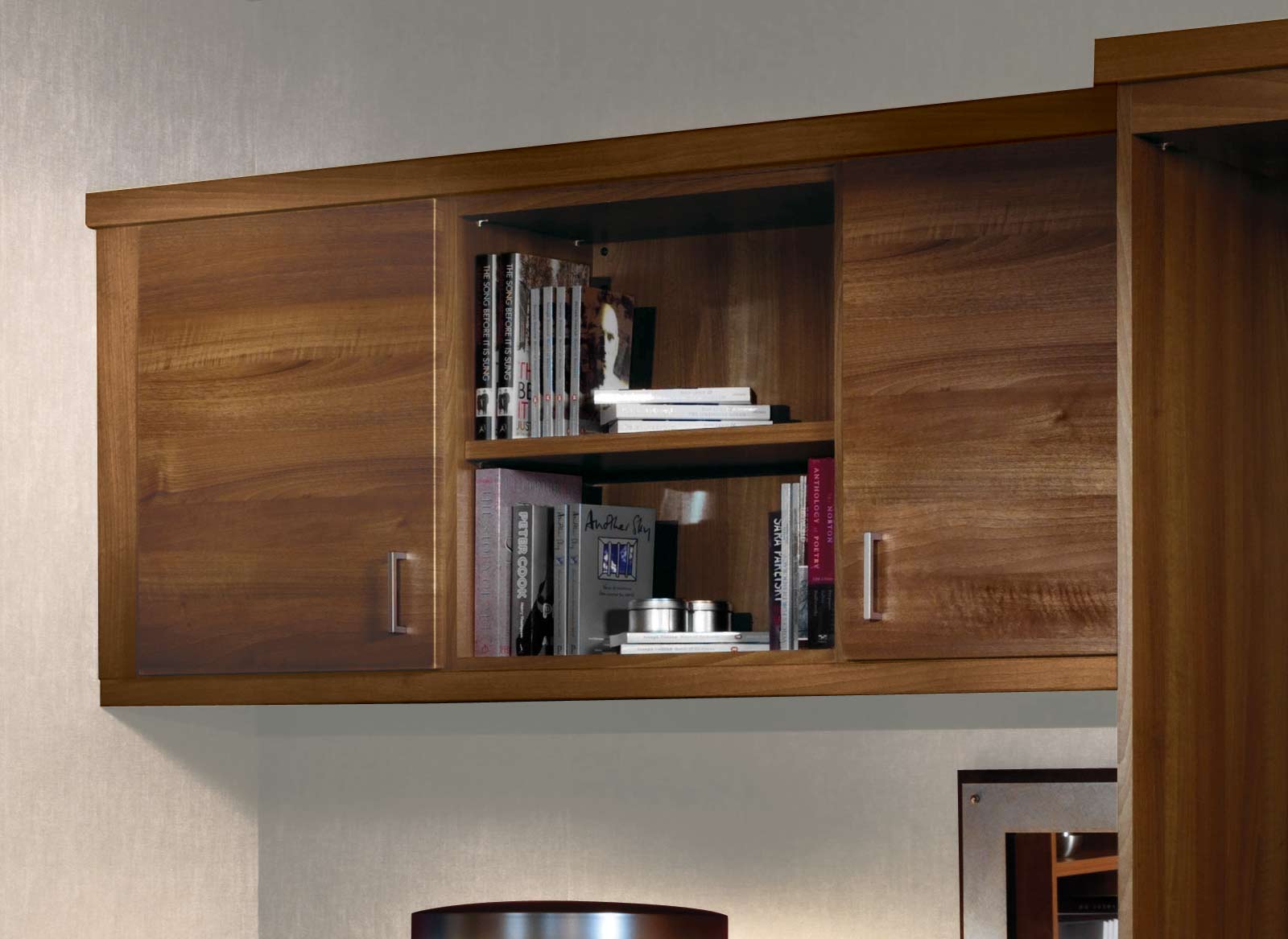 Walnut finished overhead storage cabinets in a home office