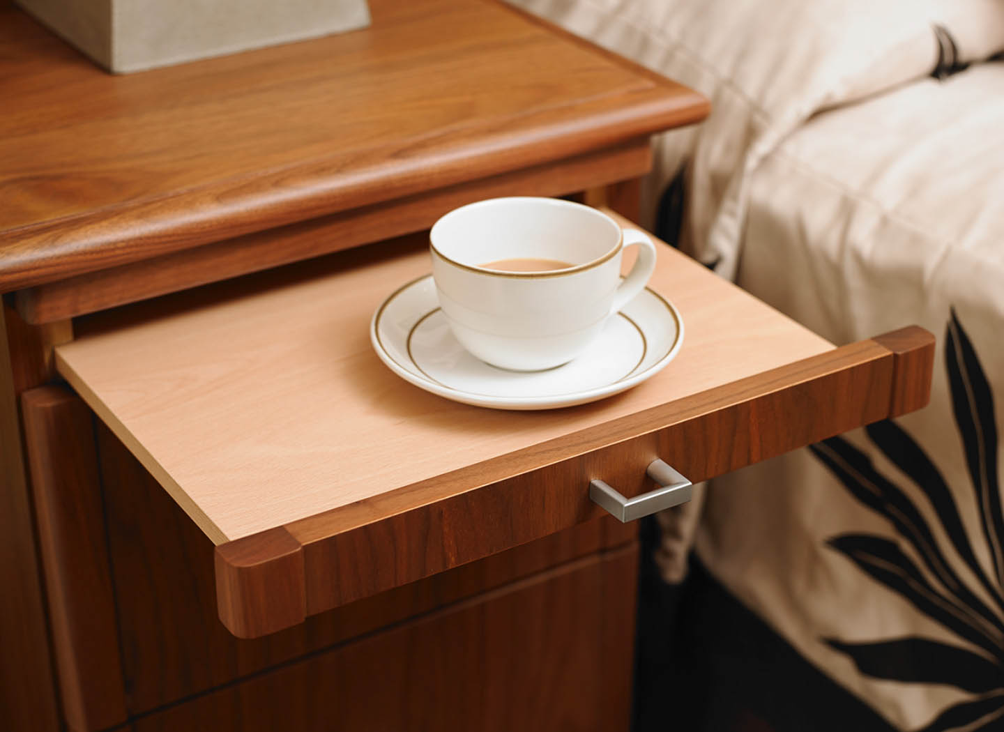 Bedside table with pull out coffee tray